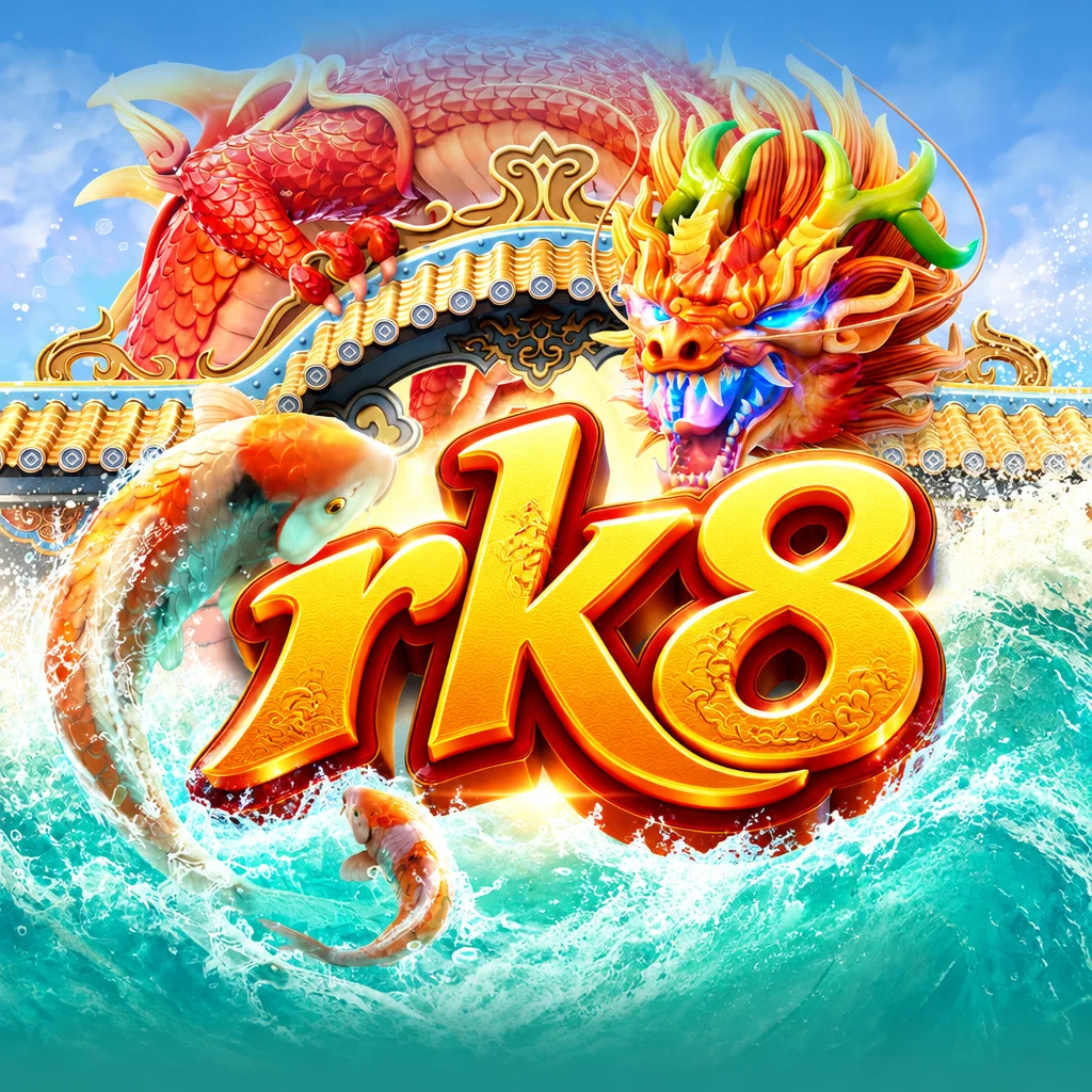 Logo rk8 berlatar belakang naga emas dan ikan koi melompat dari ombak dalam Dragon Legend